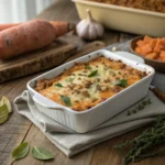 Baked ground turkey sweet potato casserole with cheese and herbs
