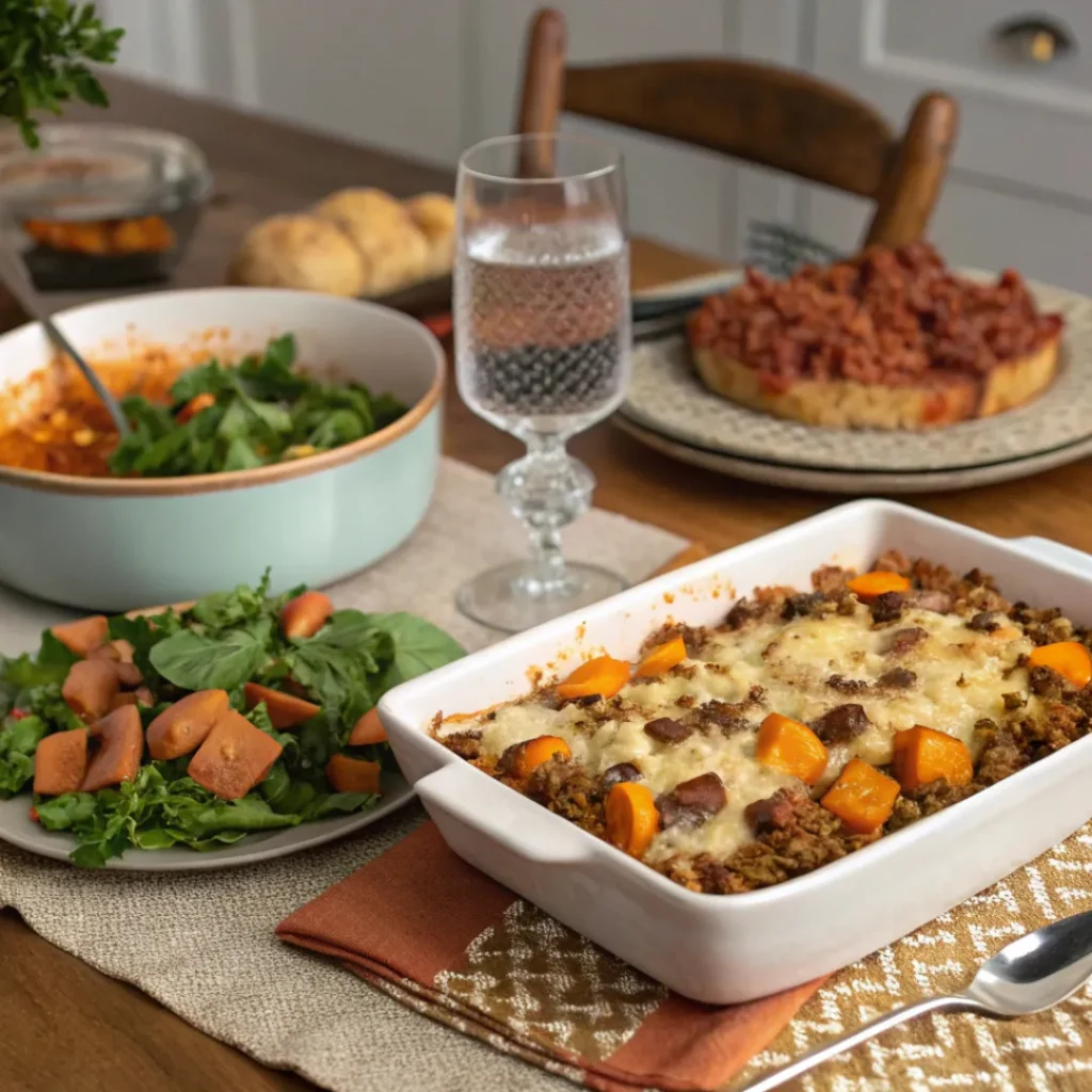 Ground turkey sweet potato bake served with salad and roasted vegetables