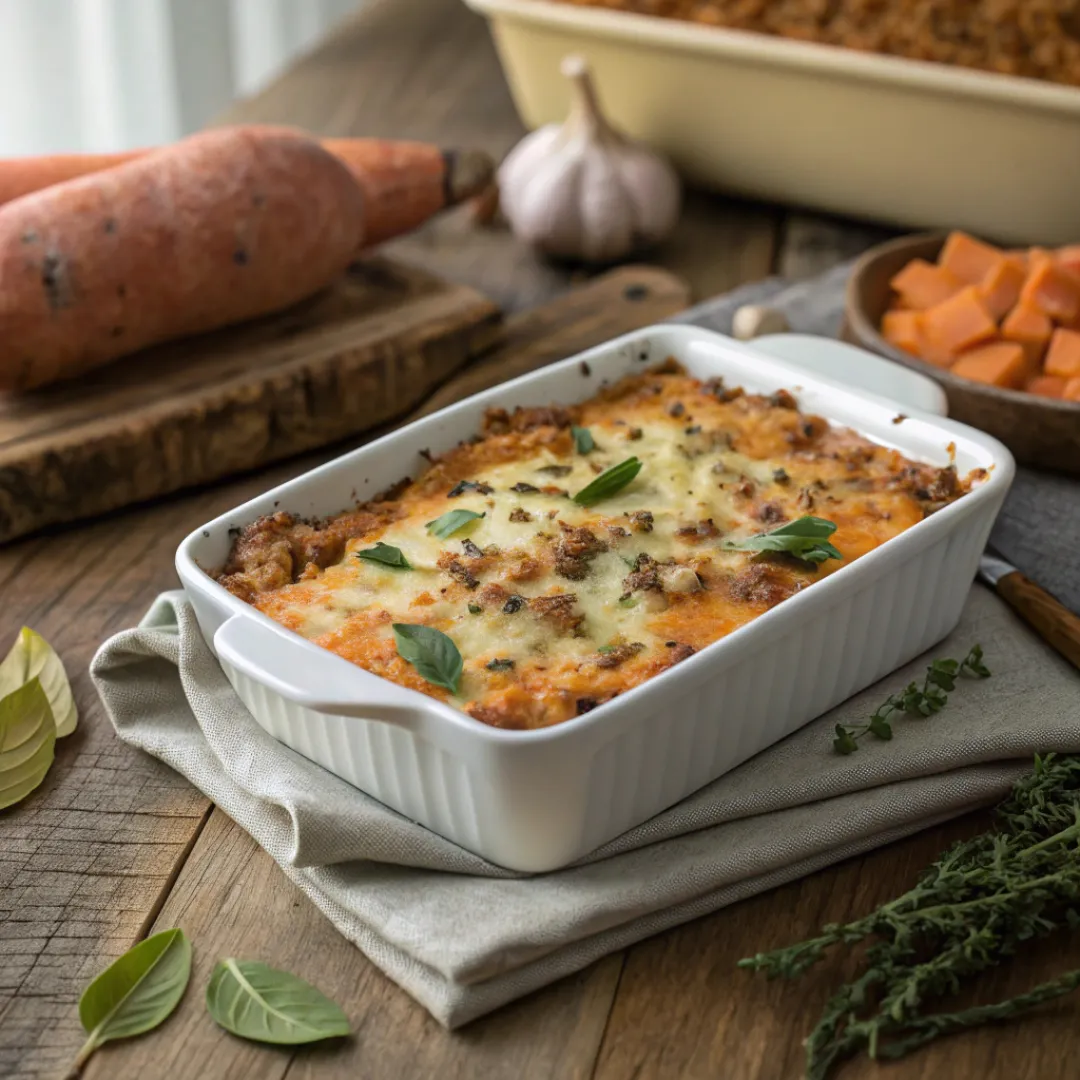 Baked ground turkey sweet potato casserole with cheese and herbs
