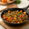 Savory ground turkey and sweet potato skillet topped with fresh herbs in a cast iron pan.