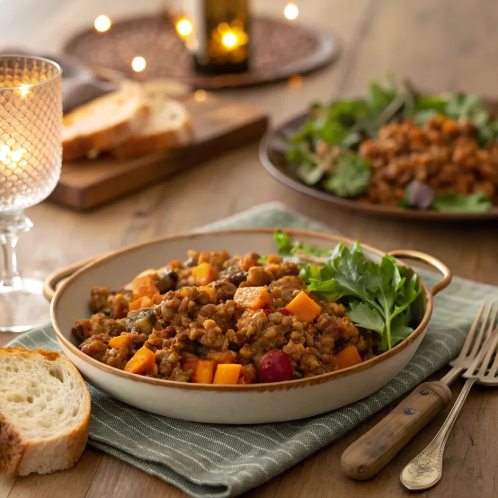 Ground Turkey and Sweet Potato Skillet – Healthy One-Pan Meal 8 Ground turkey and sweet potato skillet served with a side salad and crusty bread.