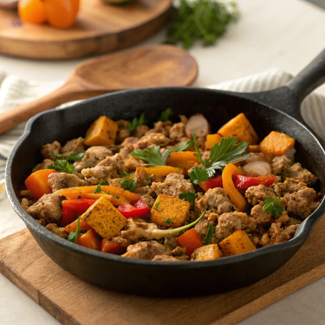 Ground Turkey and Sweet Potato Skillet – Healthy One-Pan Meal 5 Savory ground turkey and sweet potato skillet topped with fresh herbs in a cast iron pan.