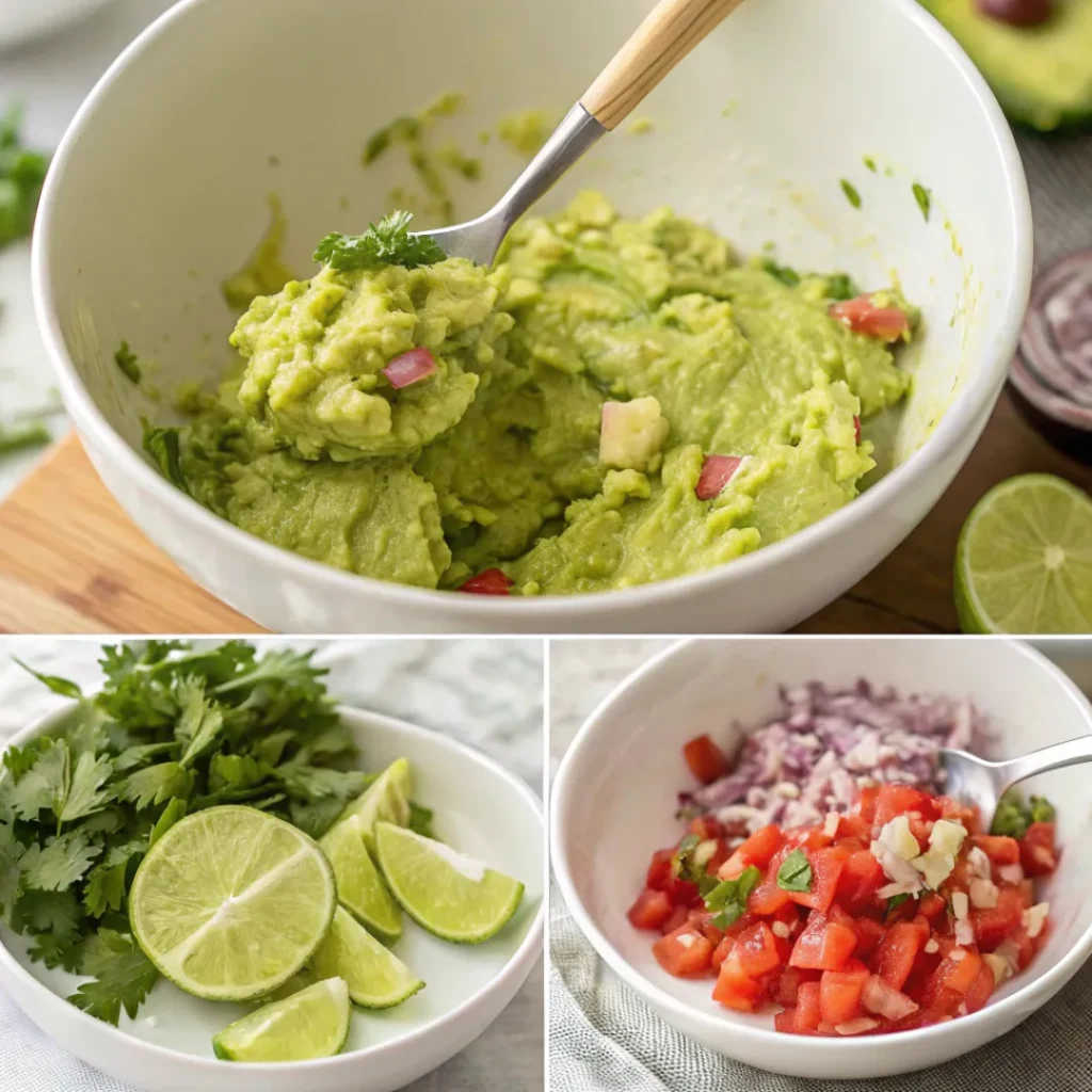 Easy Guacamole Recipe – Fresh & Flavorful Mexican Dip 7 Collage showing guacamole being mashed, mixed, and served