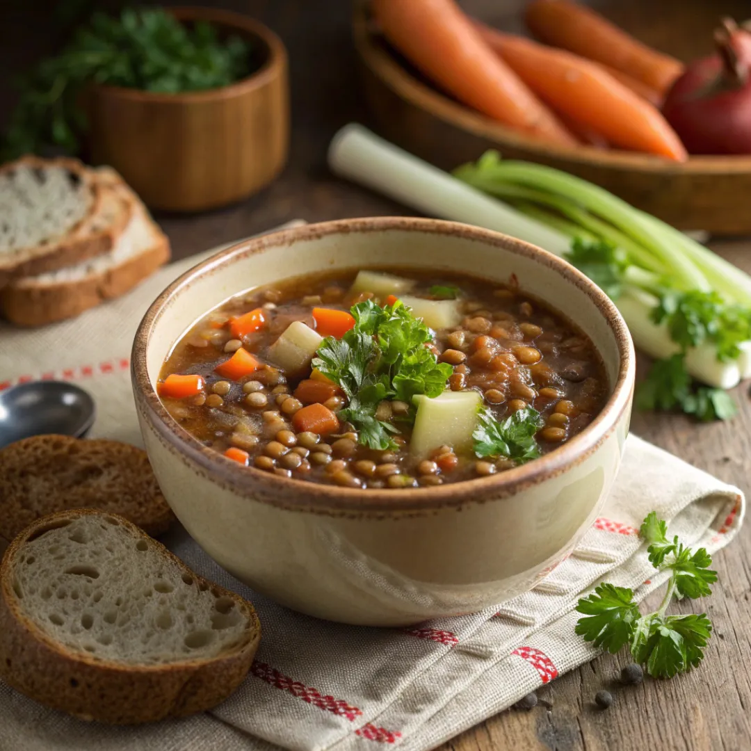 Classic Lentil Soup – Wholesome & Easy to Make 5 Bowl of lentil soup with vegetables and fresh parsley served with bread