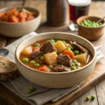 Bowl of homemade beef stew with beef, carrots, potatoes, and peas