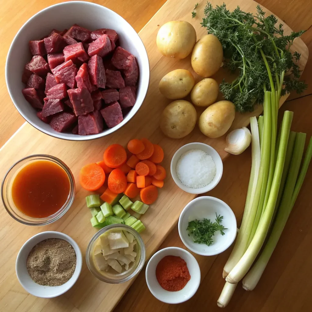 Ingredients for homemade beef stew including beef, vegetables, broth, and herbs