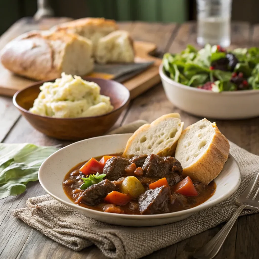 Beef stew served with bread, mashed potatoes, and salad