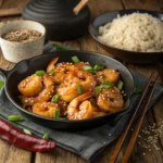 Honey garlic shrimp glazed in sauce with sesame seeds and green onions