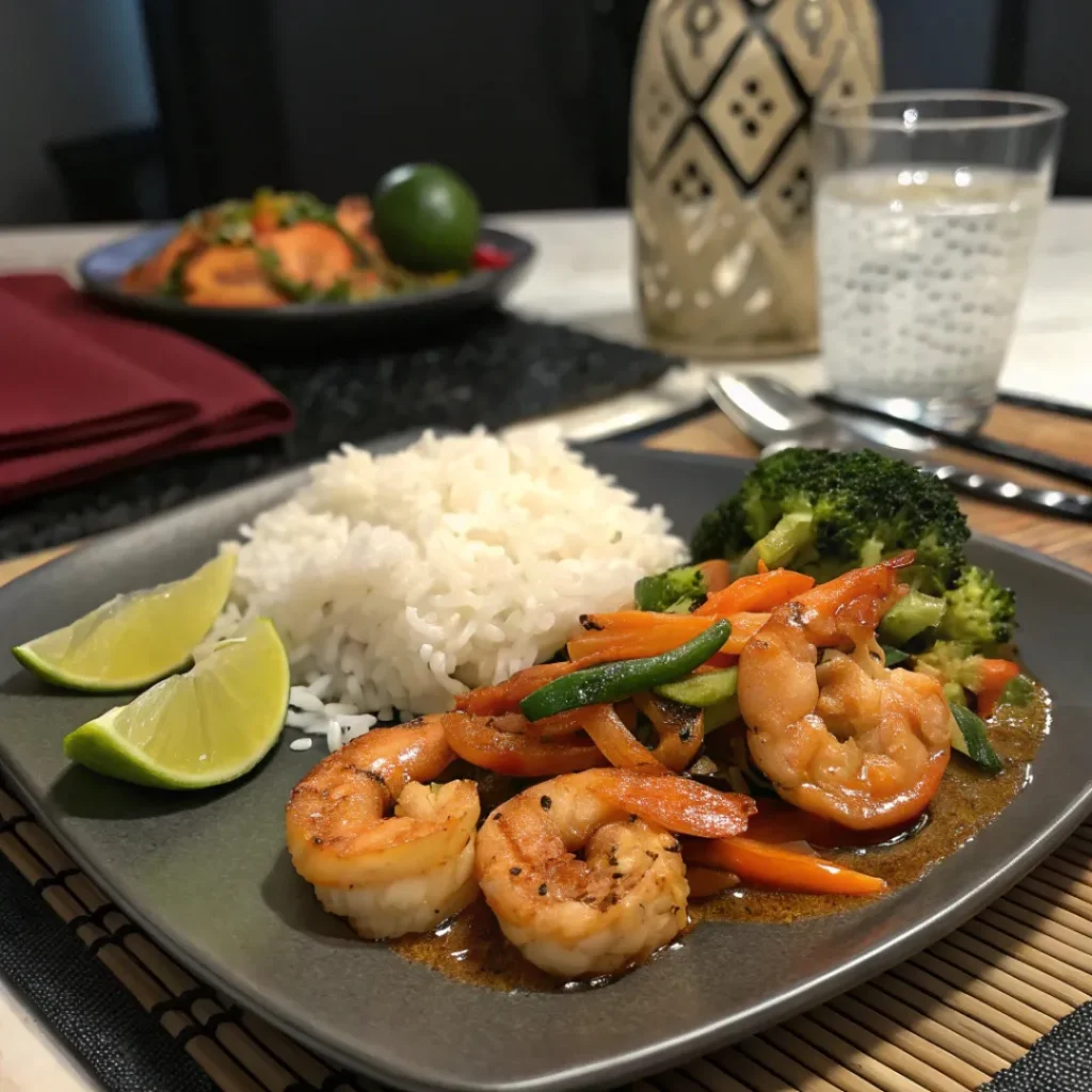 Honey garlic shrimp served with rice and vegetables