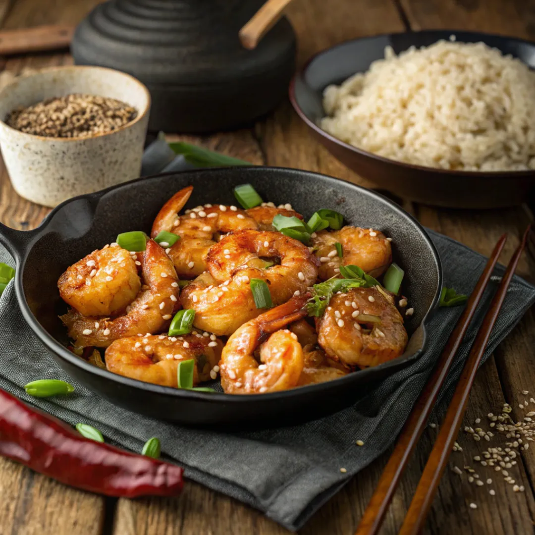 Honey garlic shrimp glazed in sauce with sesame seeds and green onions