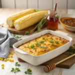 Golden honey glazed corn casserole baked in a dish