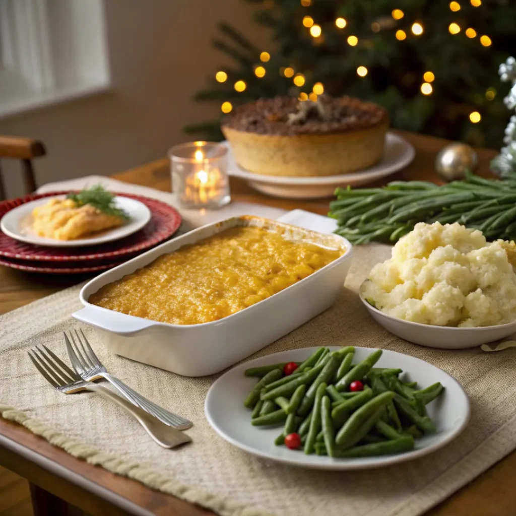 Honey glazed corn casserole served with roasted turkey and holiday sides