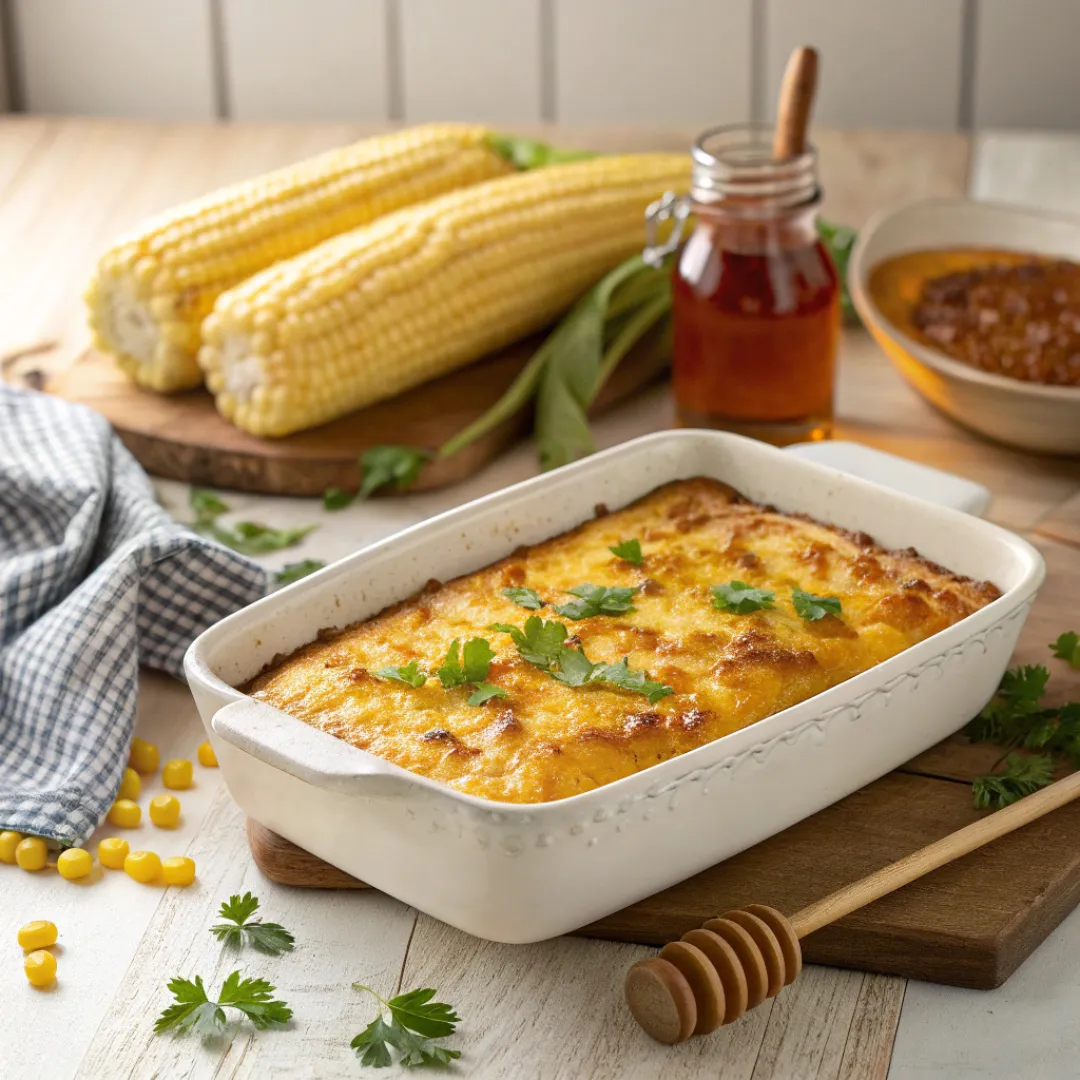 Golden honey glazed corn casserole baked in a dish