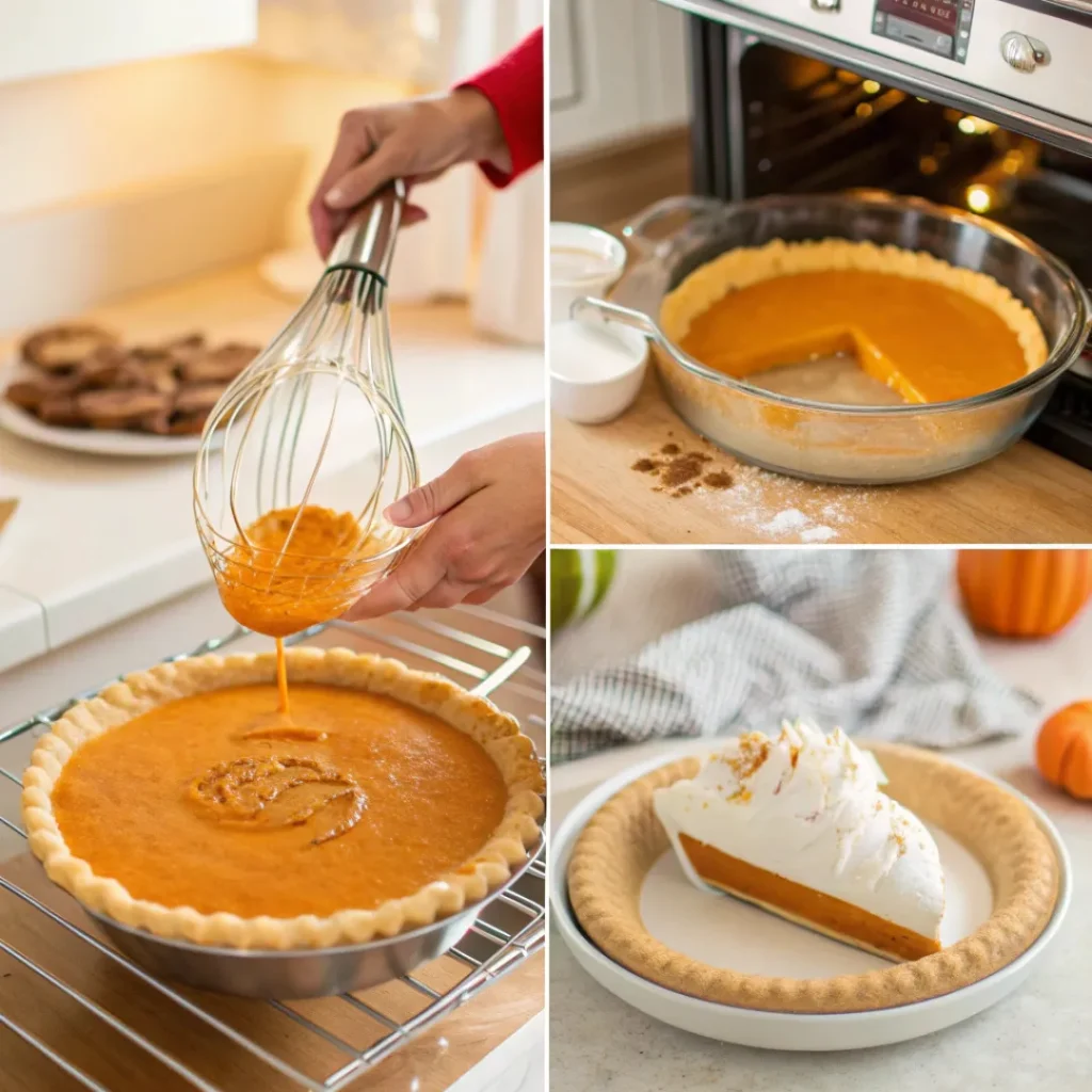 Pumpkin Cream Pie – Silky, Spiced, and Perfectly Autumnal 7 Step-by-step collage of pumpkin pie preparation and baking