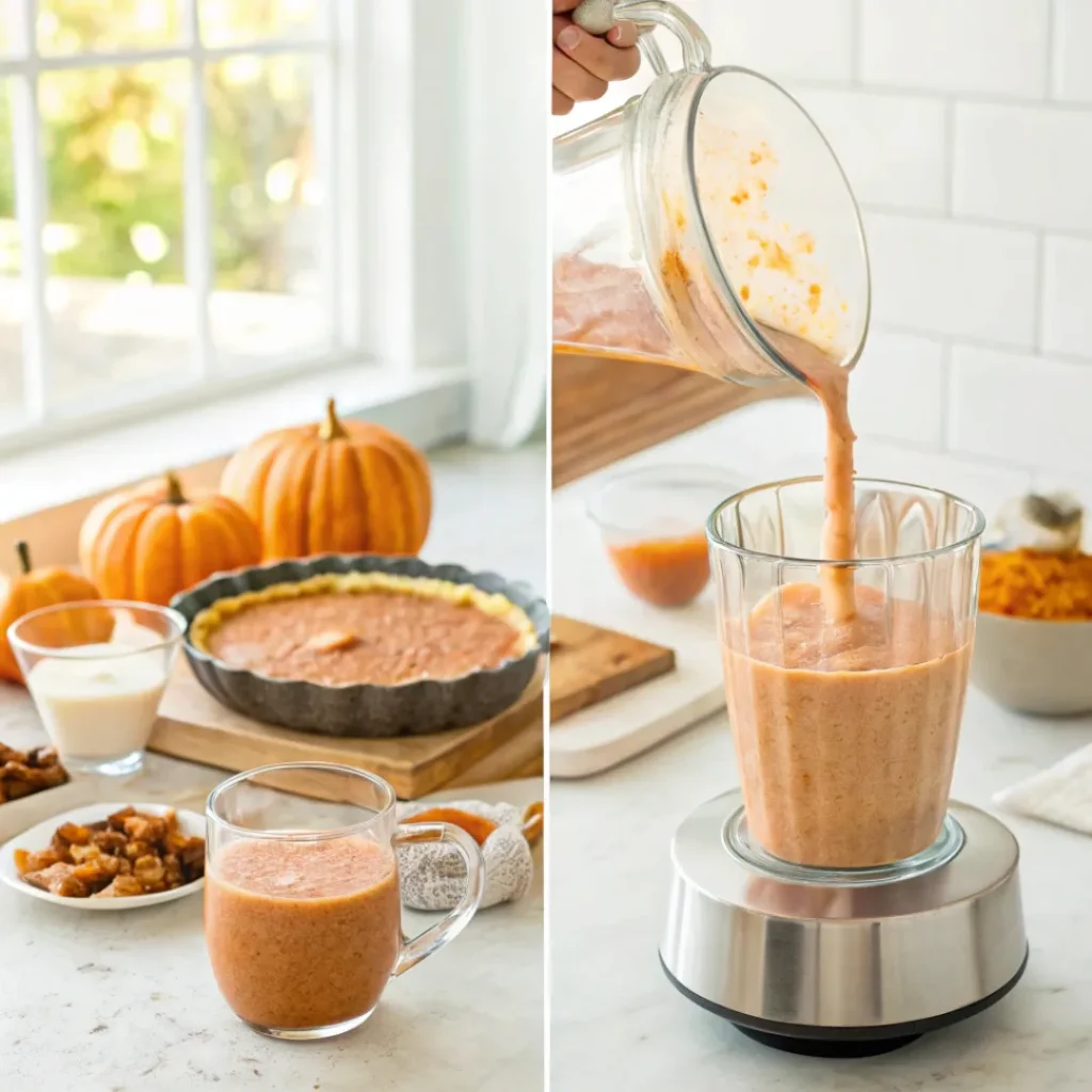 Pumpkin Pie Smoothie – Creamy, Spiced, and Perfect for Fall 7 Step-by-step images showing blending and pouring pumpkin pie smoothie