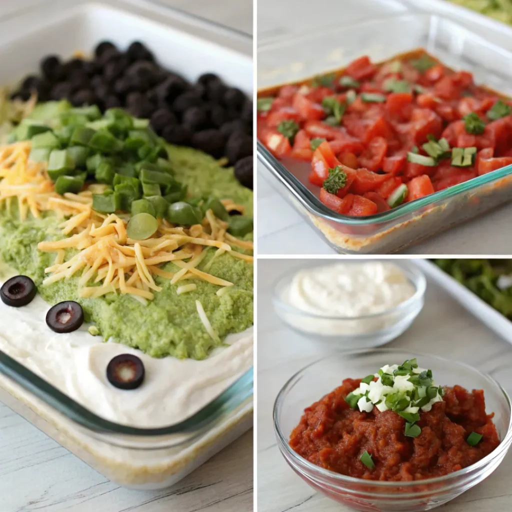 Seven Layer Dip – Colorful & Flavorful Appetizer 7 Collage showing the layering process of seven layer dip