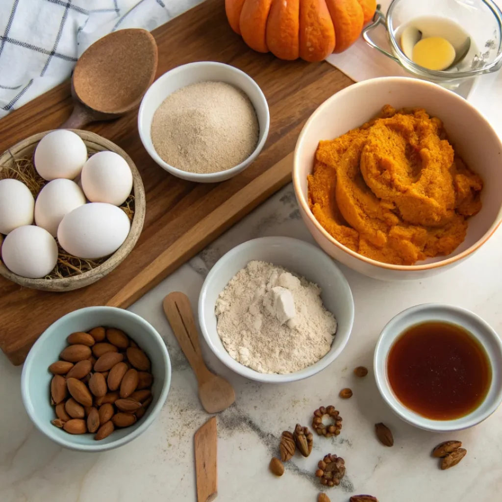Almond Flour Pumpkin Bread – Moist & Gluten-Free Fall Treat 6 Flat lay of almond flour, pumpkin puree, eggs, and spices for pumpkin bread