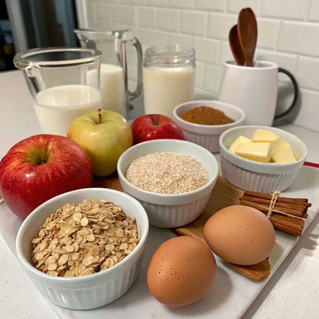A collection of ingredients for baked apple oatmeal laid out on a white tray, including two types of oats, apples, butter, milk, cinnamon, eggs, and a stack of cinnamon sticks.