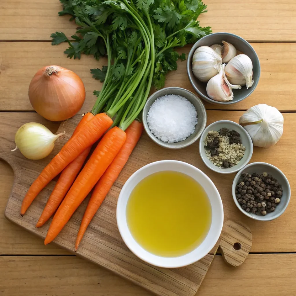 Carrot Soup – Creamy, Healthy & Easy Recipe 6 Fresh carrots, onions, garlic, broth, and herbs arranged on a table.