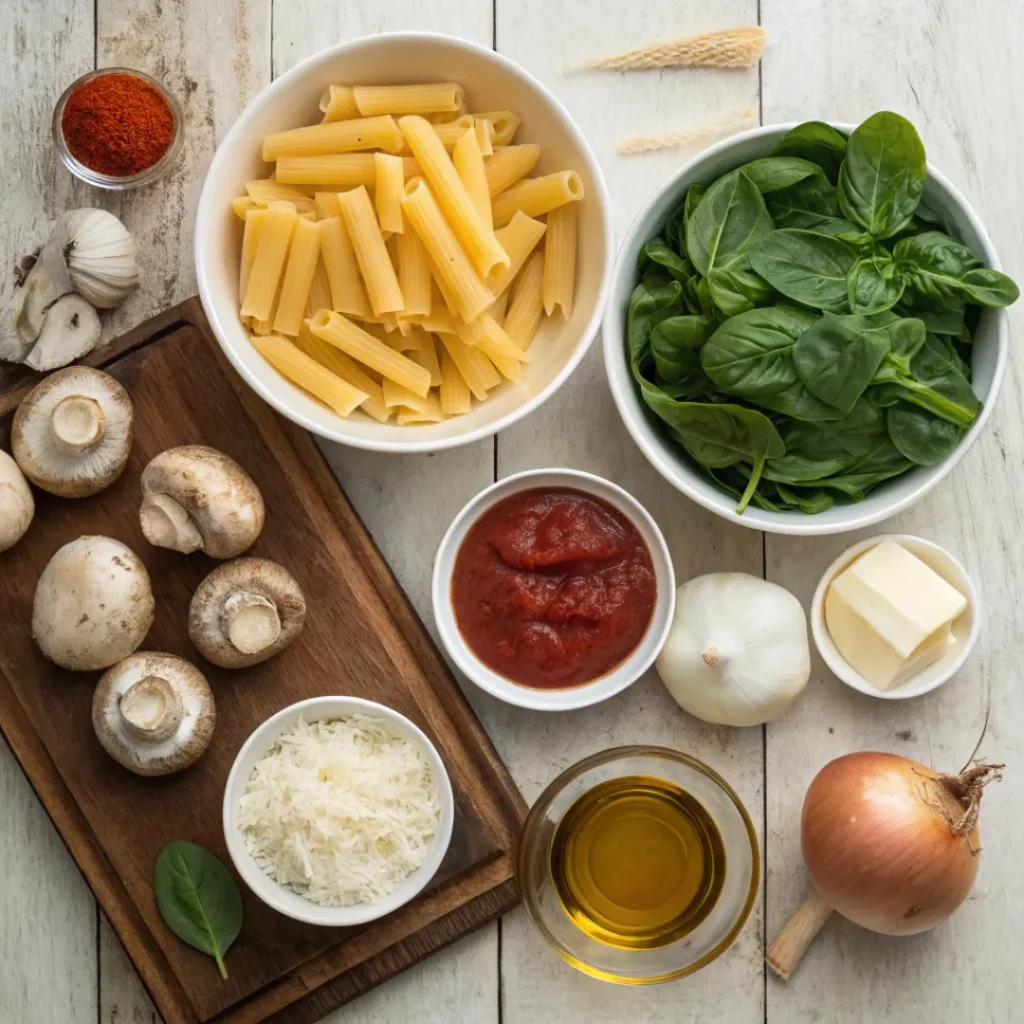Cheesy Baked Ziti with Spinach and Mushrooms – Comfort Food Classic 6 Pasta, spinach, mushrooms, marinara, ricotta, mozzarella, and Parmesan for baked ziti
