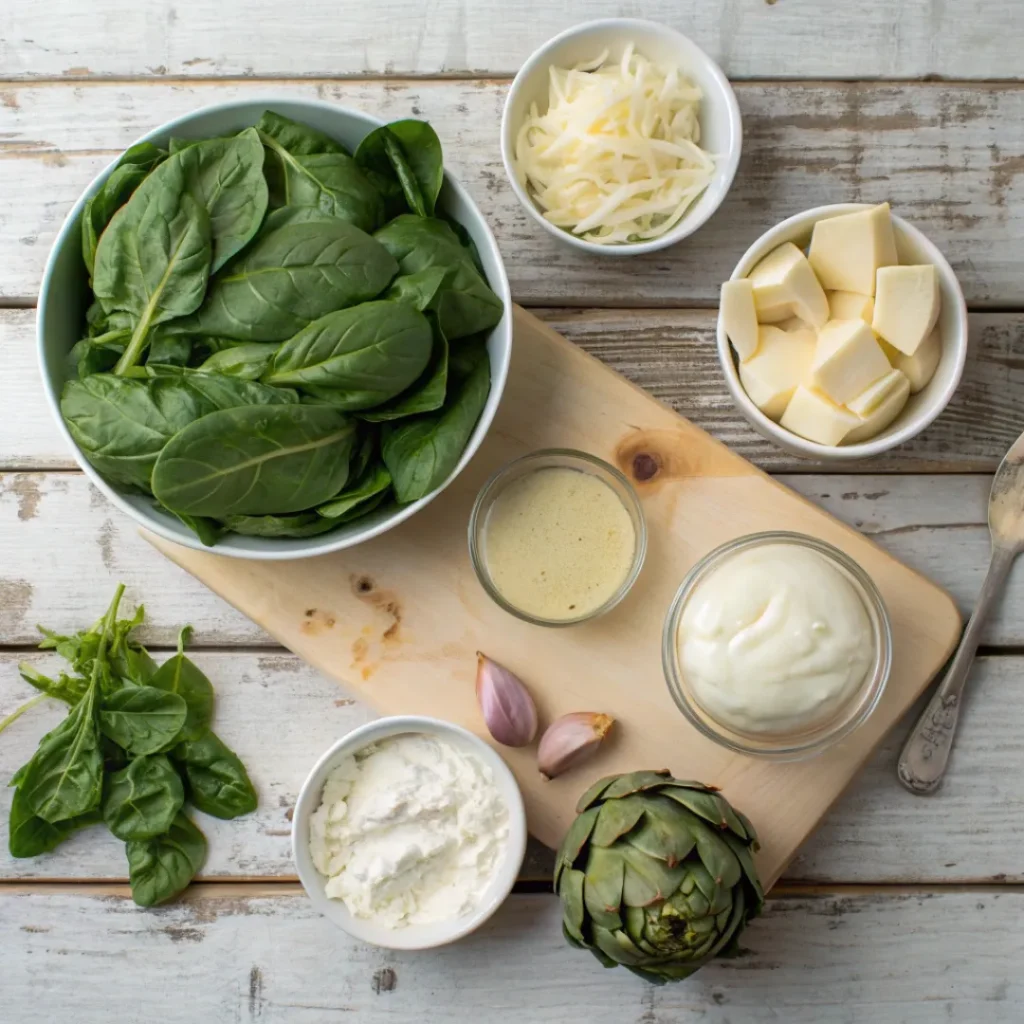 Easy Spinach Artichoke Dip – Perfect Appetizer 6 Overhead shot of spinach, artichokes, cheeses, and cream for dip preparation