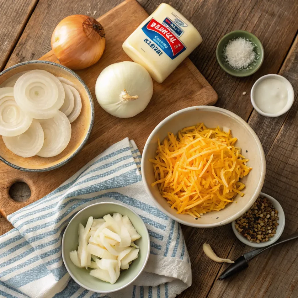 Cheesy Tennessee Onions – Creamy & Irresistible Side Dish 6 Raw ingredients including onions, shredded cheese, butter, and mayo for Tennessee onions