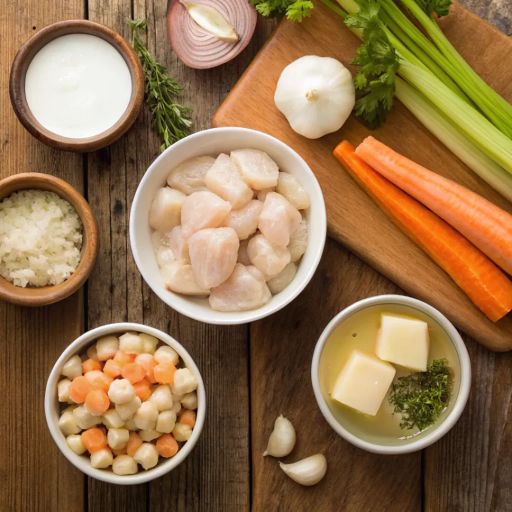 Chicken and Gnocchi Soup – Creamy Comfort in Every Bowl 6 Chicken, gnocchi, vegetables, broth, and cream for soup preparation
