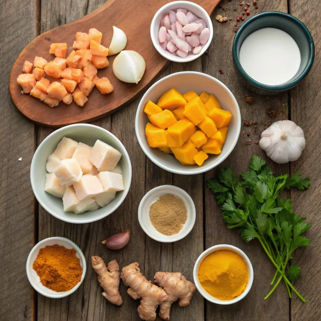 Chicken, pumpkin, spices, coconut milk, and herbs for curry