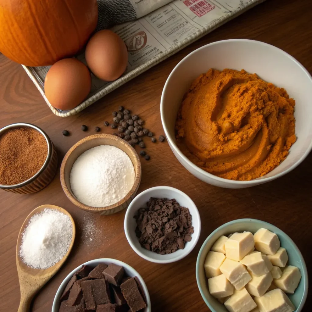 Moist Chocolate Pumpkin Bread – Rich Fall Loaf 6 Cocoa, pumpkin puree, chocolate chips, and flour arranged for bread