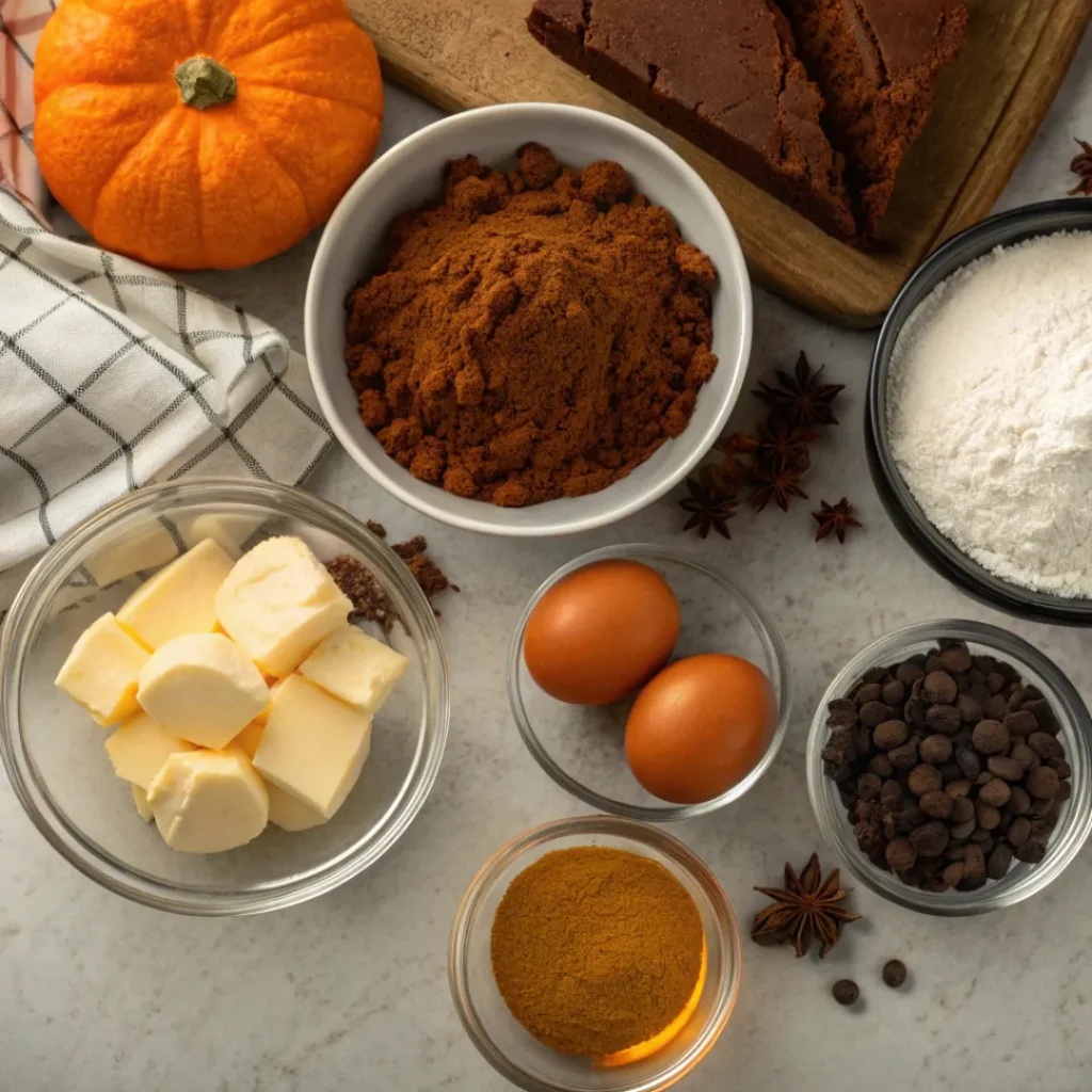 Soft Chocolate Pumpkin Crumb Cake 6 Pumpkin puree, cocoa, flour, butter, and spices for crumb cake
