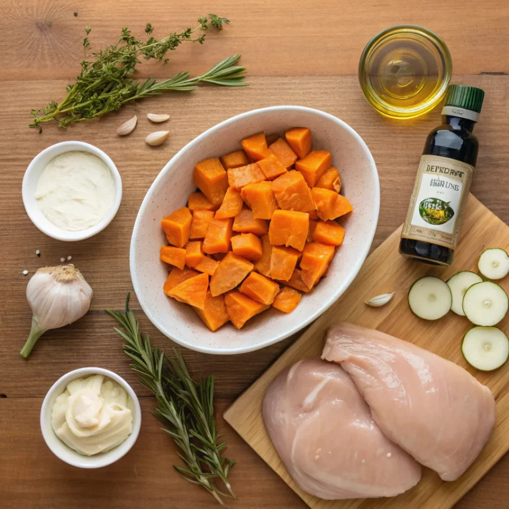 Baked Chicken with Sweet Potatoes – Easy Sheet Pan Recipe 6 Ingredients for Creamy Baked Chicken with Sweet Potatoes