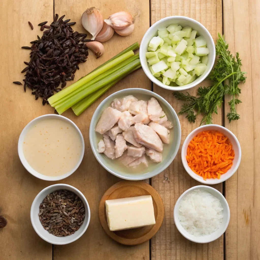 Creamy Chicken Wild Rice Soup – Flavorful Weeknight Meal 6 Chicken, wild rice, vegetables, and cream for soup preparation