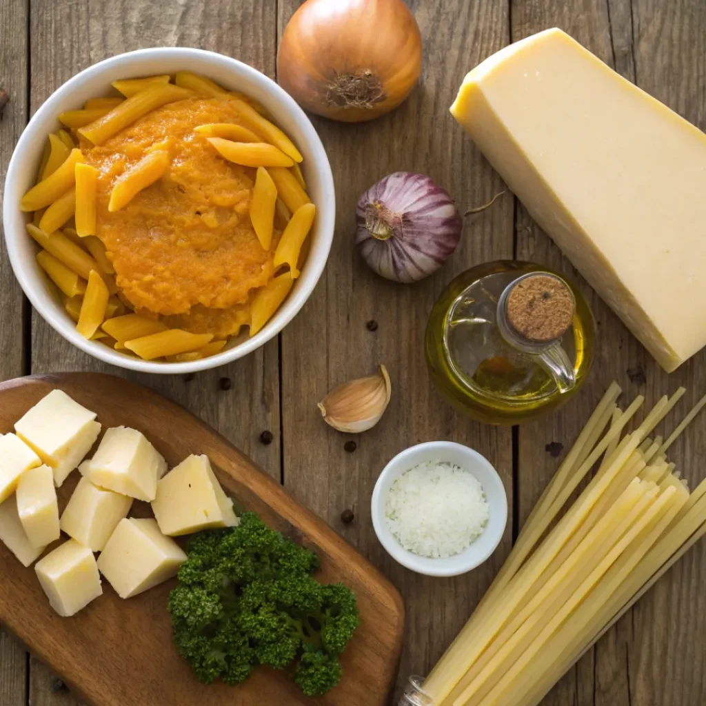 Pasta, pumpkin puree, garlic, cream, Parmesan, and herbs for pasta