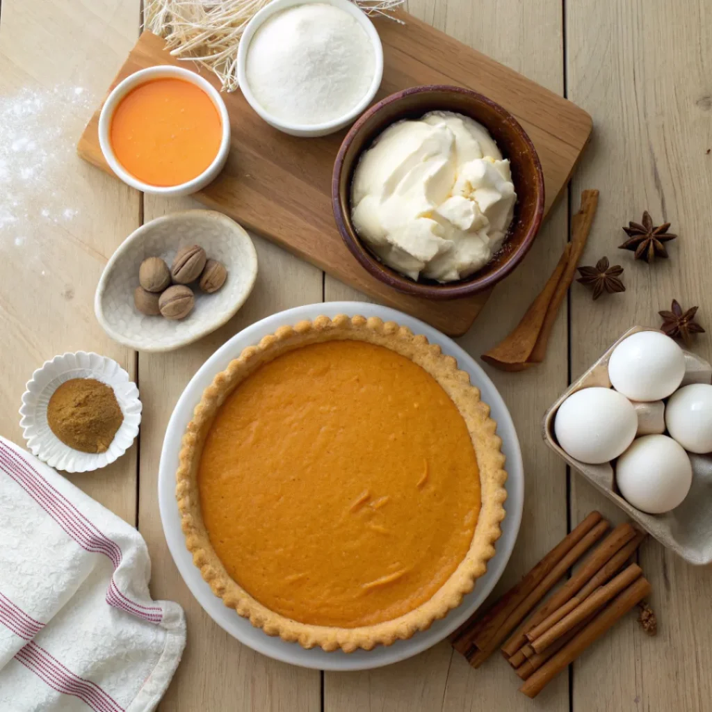 Pumpkin Cream Pie – Silky, Spiced, and Perfectly Autumnal 6 Overhead shot of pumpkin puree, eggs, cream, sugar, and spices for pumpkin pie
