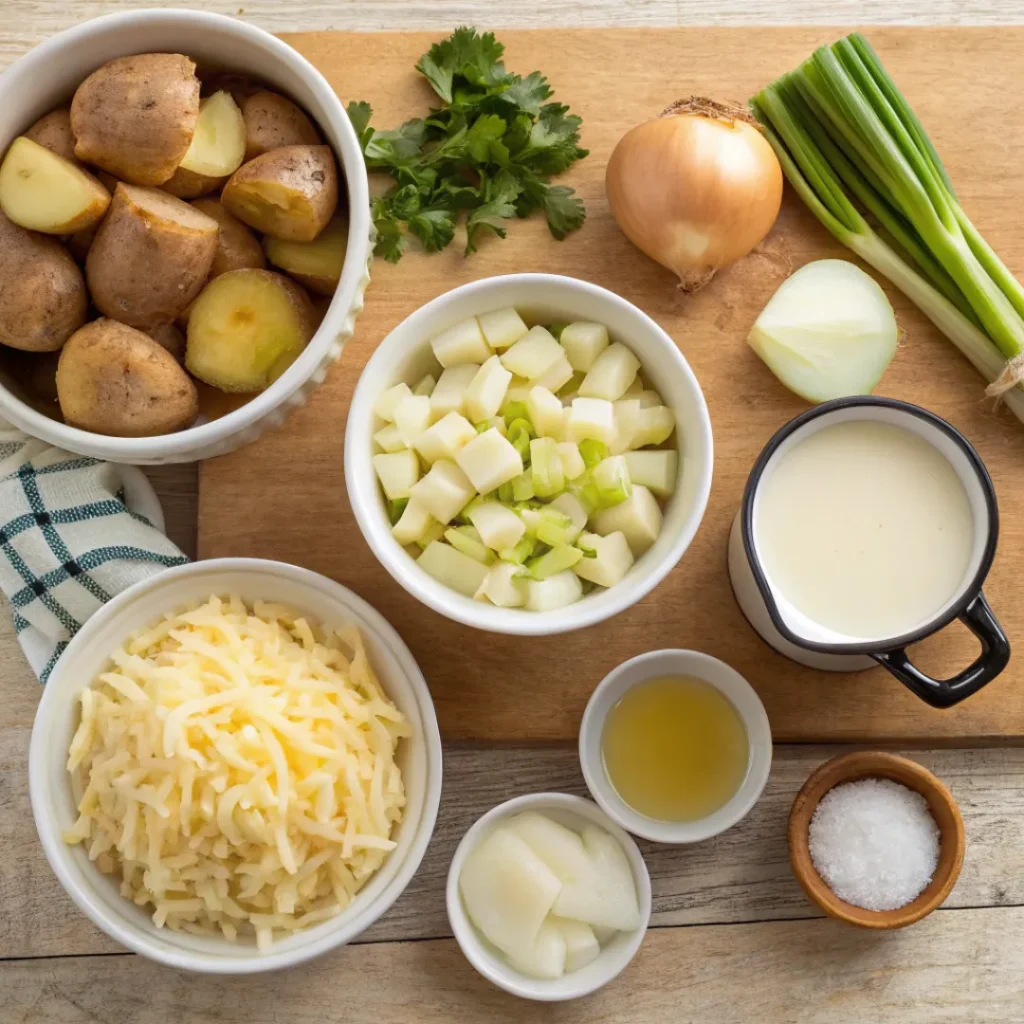 Crockpot Potato Soup – Creamy & Comforting 6 Overhead shot of potatoes, onions, broth, and cheese for potato soup