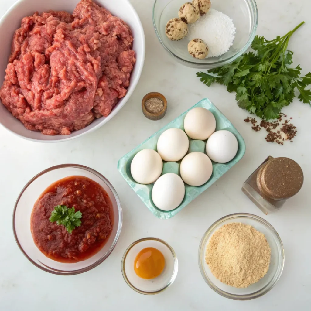 Quick and Easy Meatloaf Recipe – Family Favorite 6 Ground beef, breadcrumbs, eggs, ketchup, and spices arranged on a table.