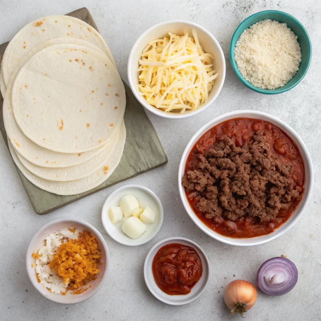 Ground Beef Enchilada – Easy & Flavor-Packed Weeknight Dinner 6 Tortillas, ground beef, cheese, enchilada sauce, and spices on a table