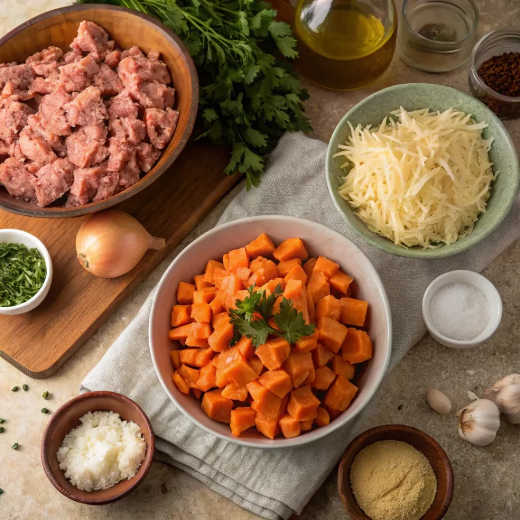 Raw ingredients including ground turkey, sweet potatoes, and cheese for casserole