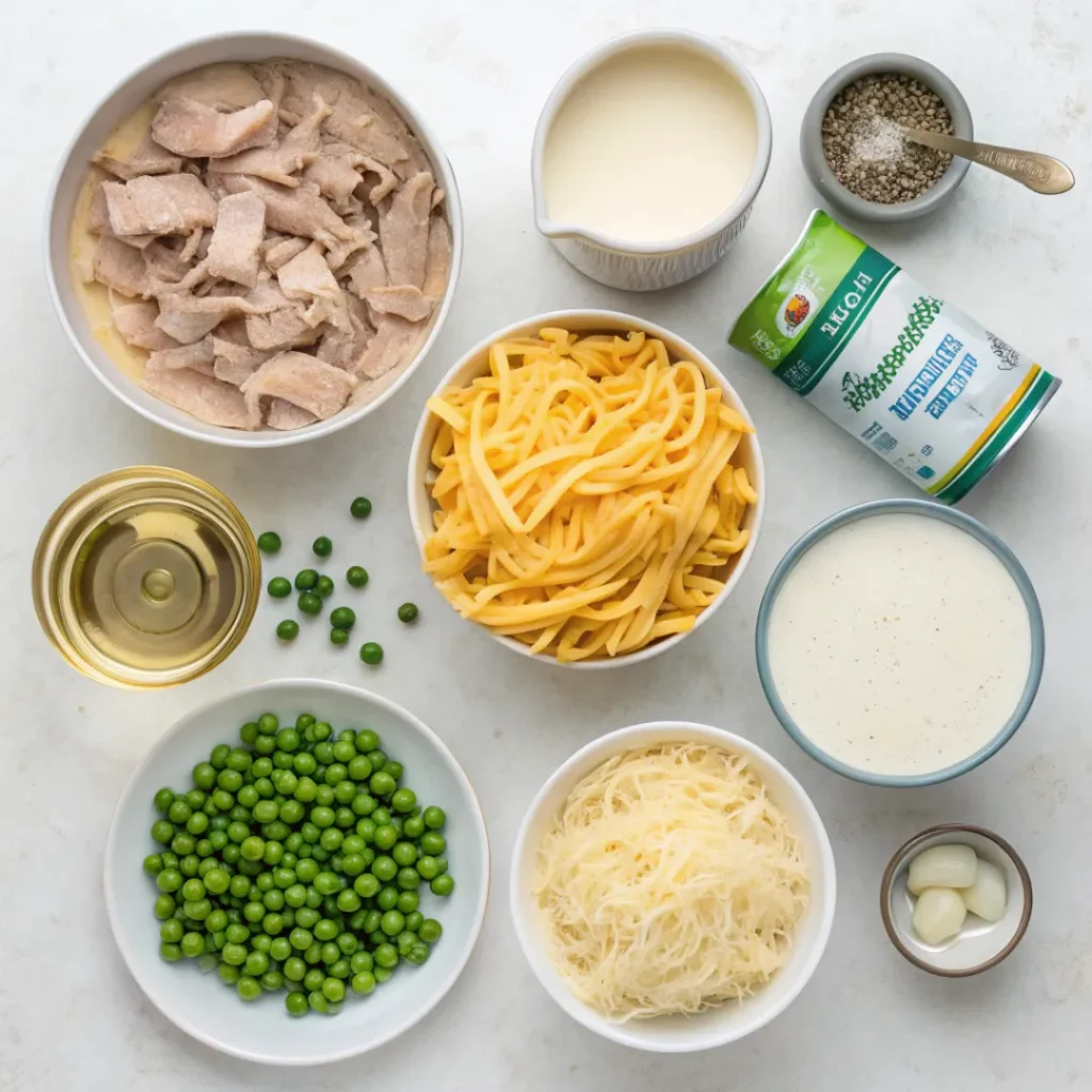 Cheesy Tuna Casserole – Easy Comfort Food 6 Overhead view of noodles, canned tuna, cheese, and peas for casserole