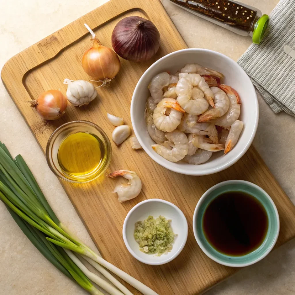Raw shrimp, garlic, honey, soy sauce, and green onions on a rustic surface