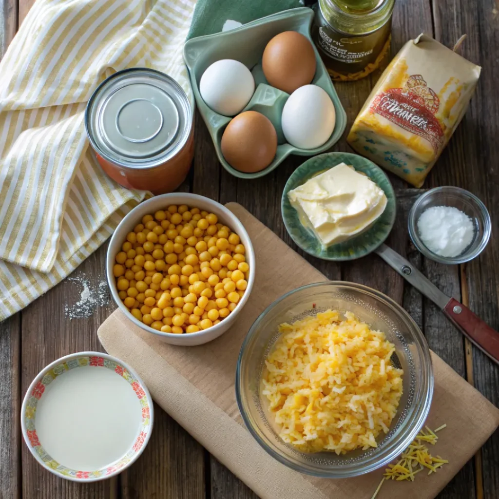 Corn, honey, butter, eggs, and cheese arranged on a rustic surface