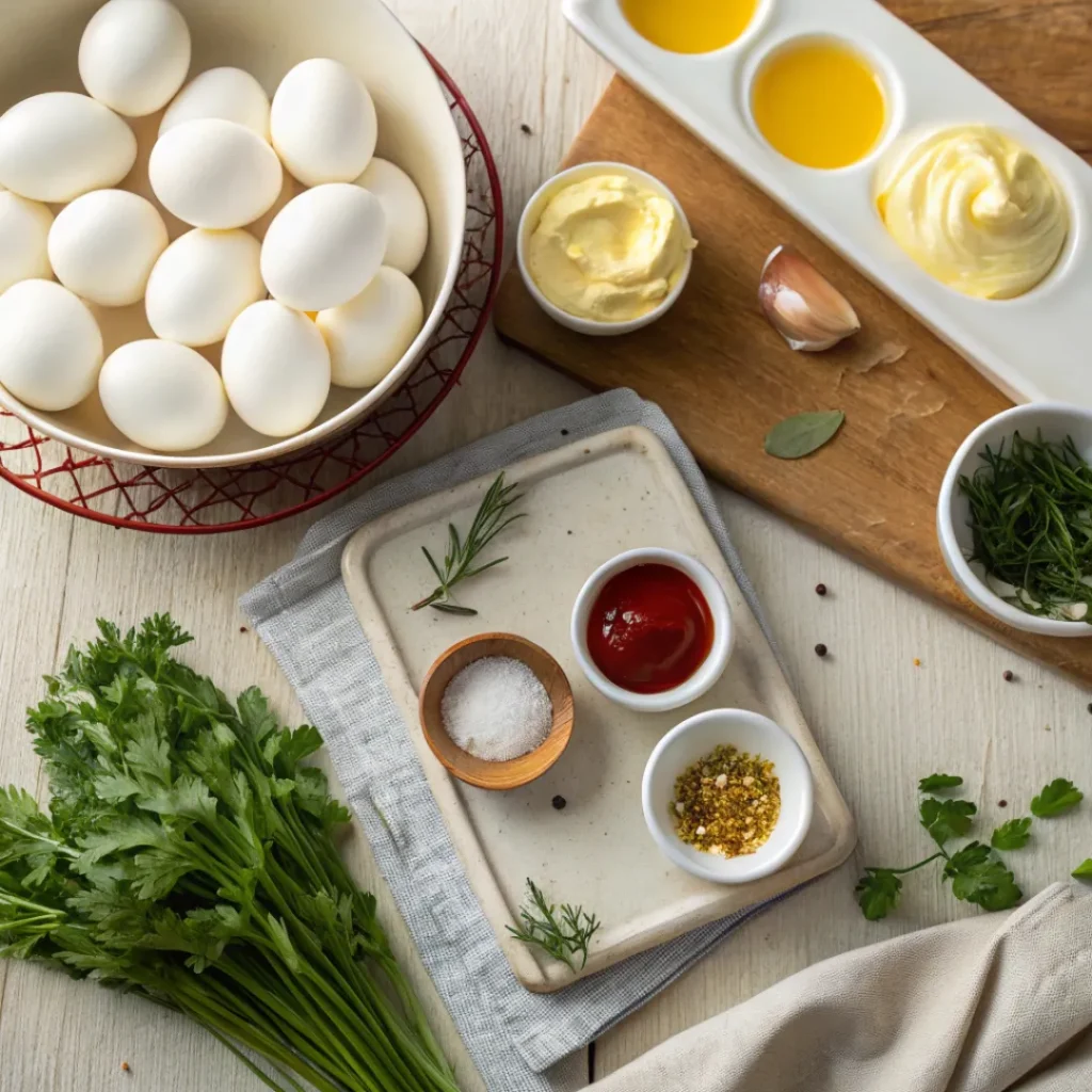 Deviled Eggs – Classic and Crowd-Pleasing Appetizer 6 Overhead shot of hard-boiled eggs, mayonnaise, mustard, and paprika for deviled eggs