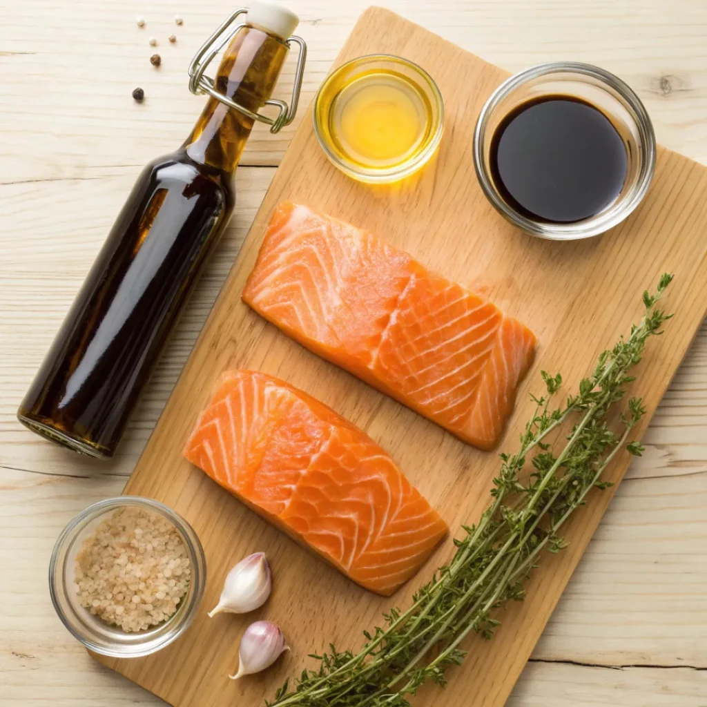 Maple Glazed Salmon – Sweet, Savory, and Perfectly Tender 6 Salmon fillets, maple syrup, garlic, and herbs for maple glazed salmon
