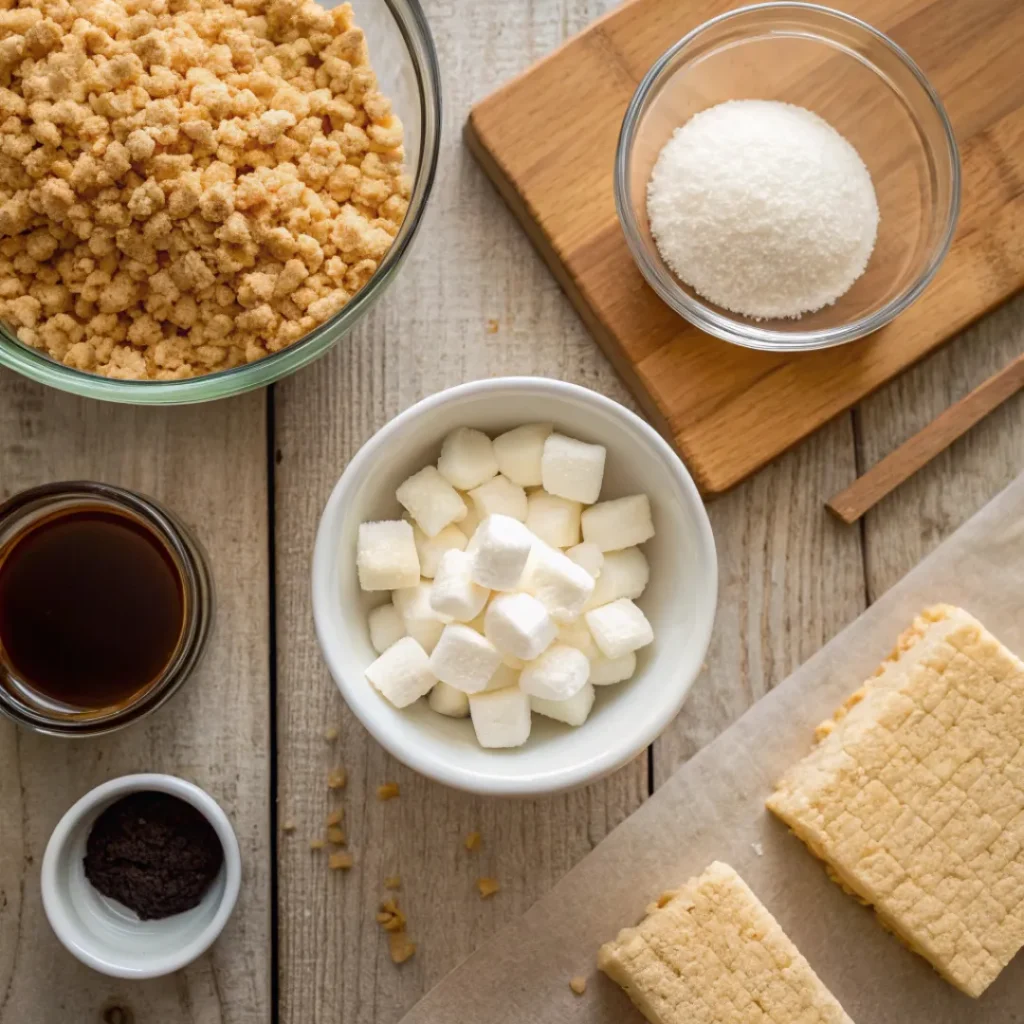 Marshmallow Rice Krispies – Crispy, Sweet, and Irresistible 6 Rice cereal, marshmallows, butter, and vanilla arranged for treats