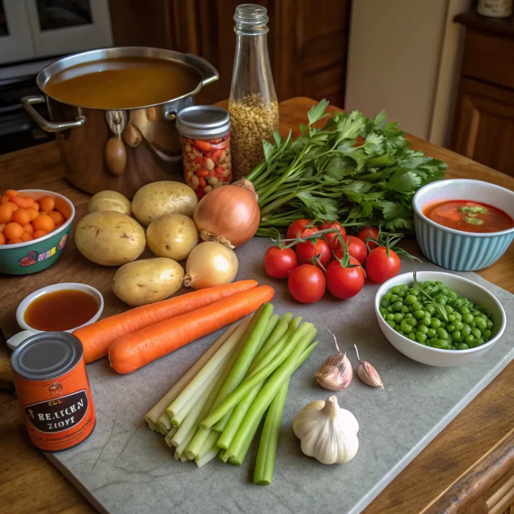 One-Pot Vegetable Soup – Easy & Nutritious Dinner 6 Fresh vegetables, broth, and canned tomatoes arranged for soup