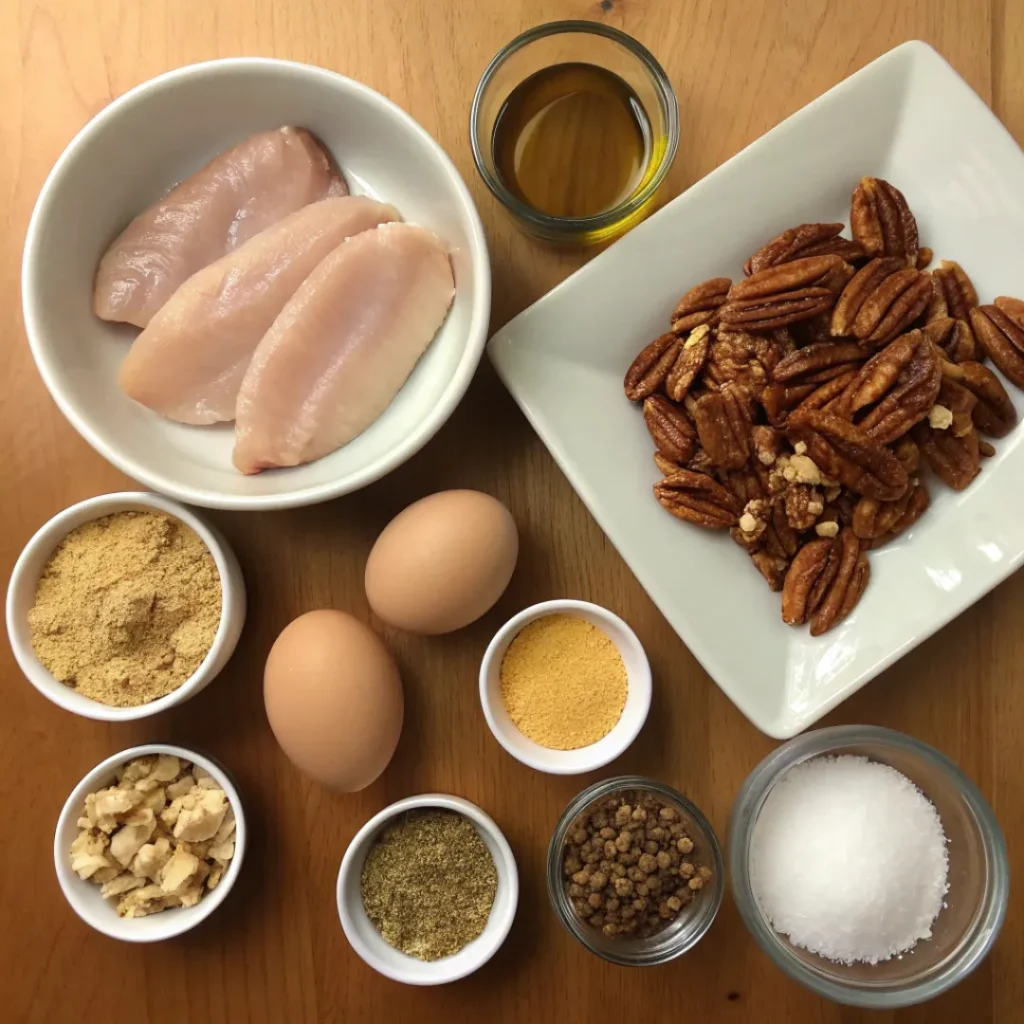Oven Baked Pecan Crusted Chicken – Crispy, Juicy, and Flavorful 6 Chicken, pecans, breadcrumbs, and spices arranged for baking
