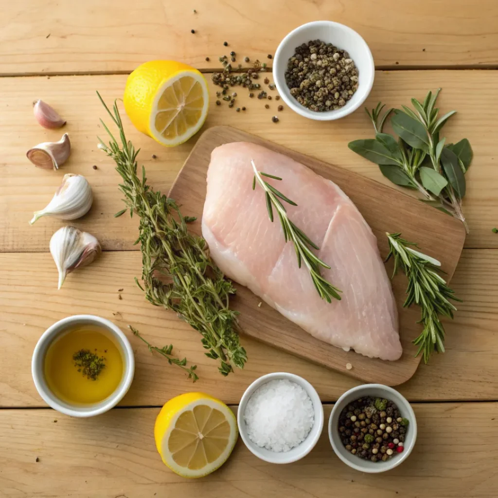 Oven Roasted Turkey Breast – Juicy & Flavorful Dinner 6 Raw turkey breast with fresh herbs, garlic, lemon, and seasonings.