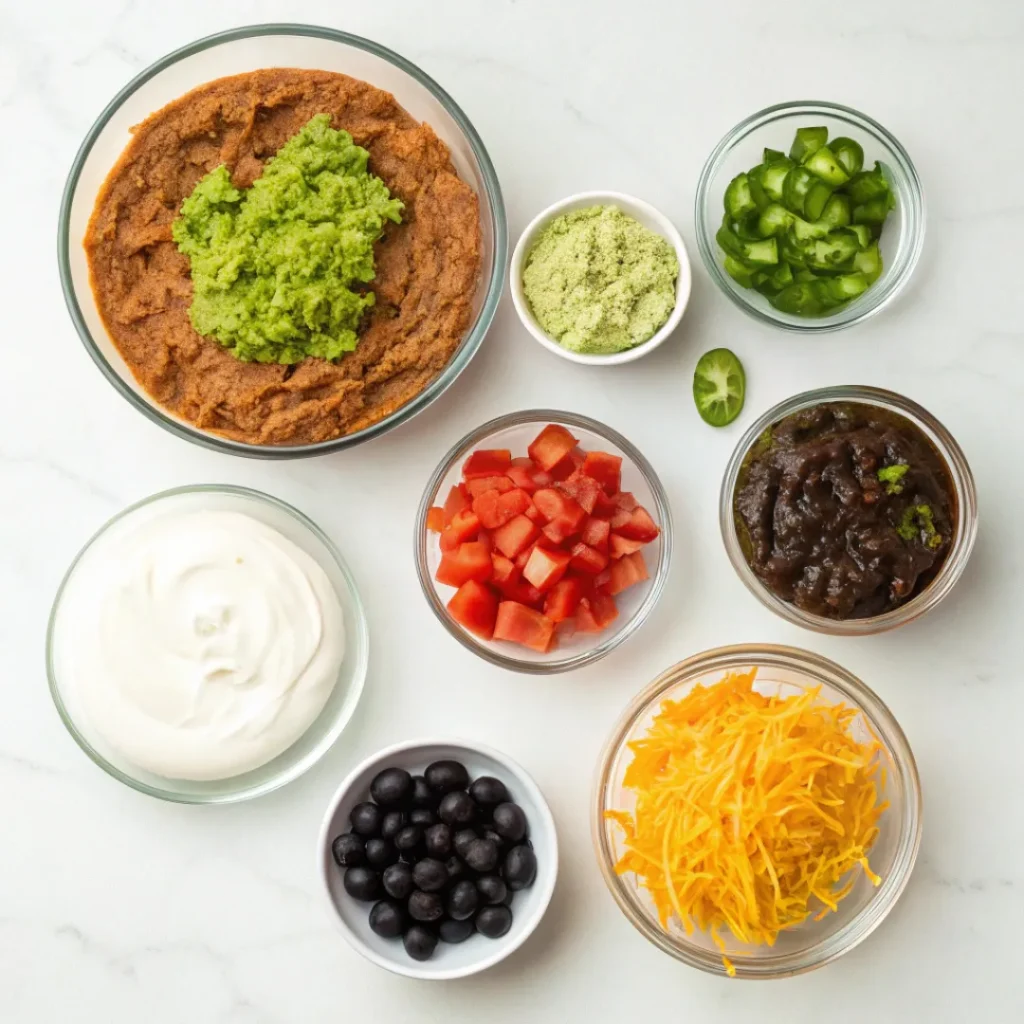Seven Layer Dip – Colorful & Flavorful Appetizer 6 Overhead view of beans, guacamole, sour cream, salsa, cheese, and vegetables for dip
