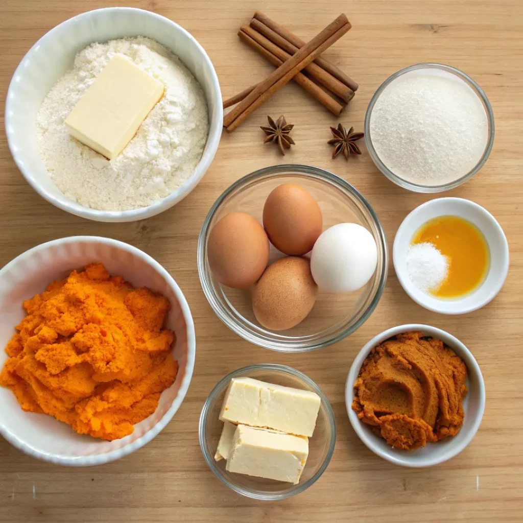 Easy Pumpkin Bars – Soft, Moist & Flavorful Dessert 6 Pumpkin puree, cream cheese, flour, and spices on a kitchen counter.