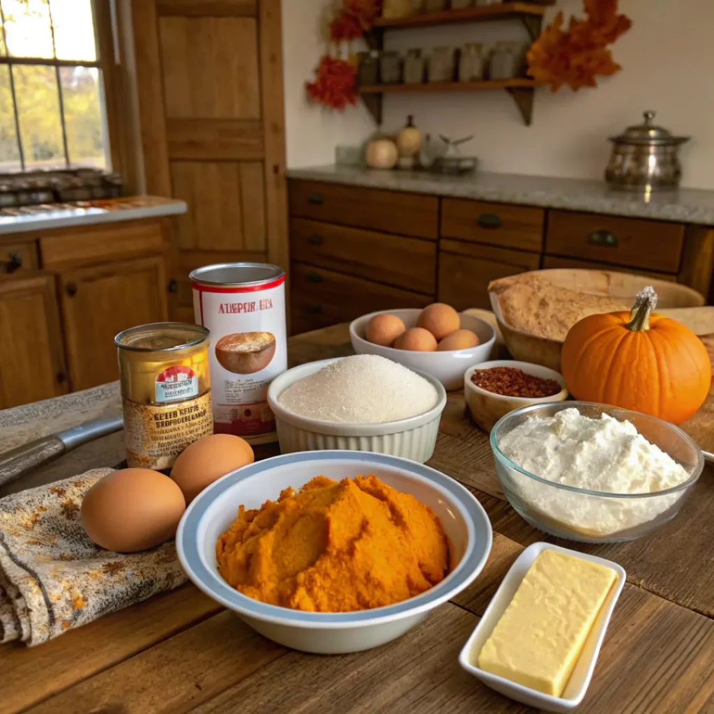 Pumpkin Dump Cake – Easy Fall Dessert with Warm Spices 6 Pumpkin puree, cake mix, butter, and spices arranged for pumpkin dump cake